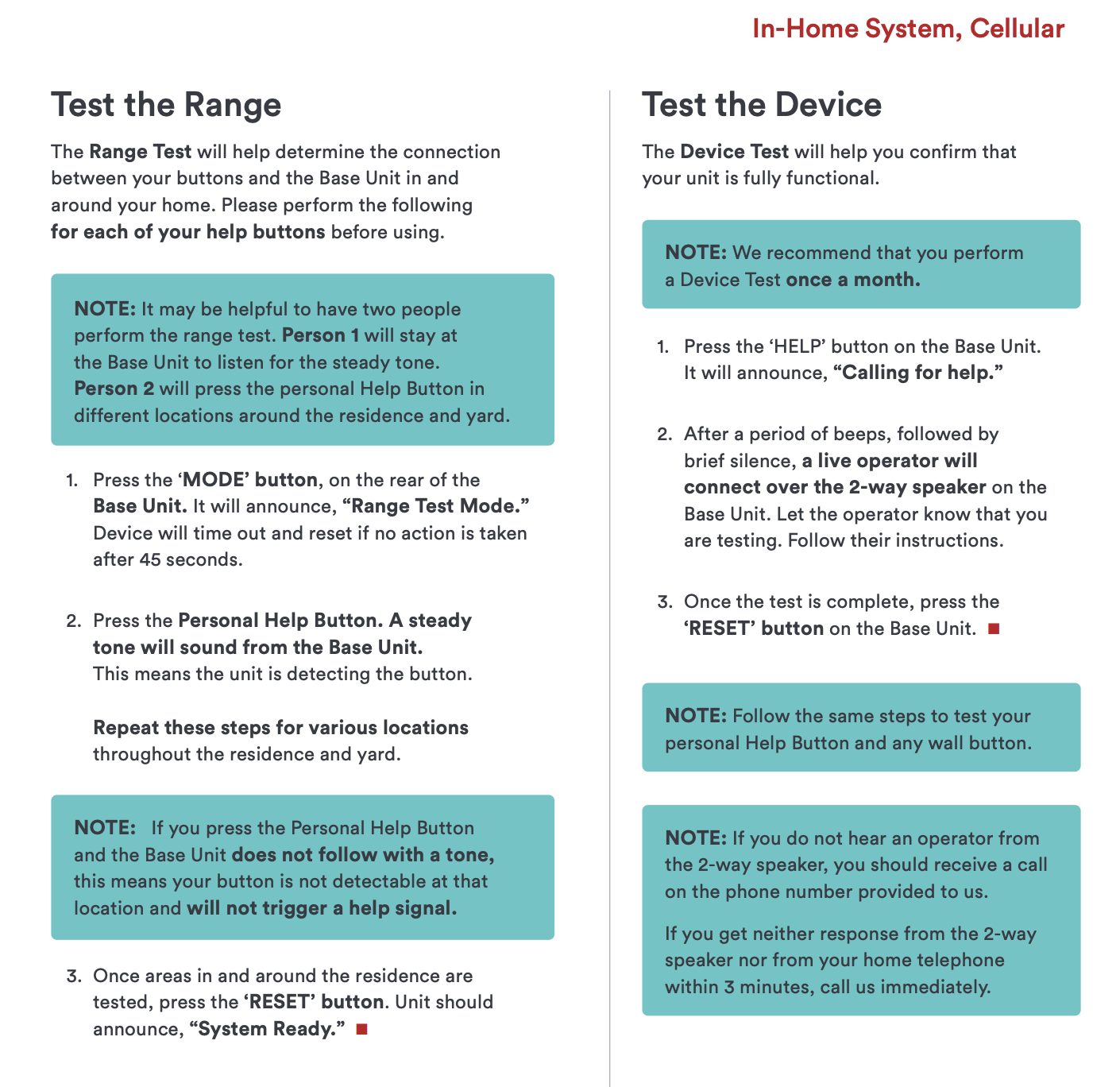 Step-by-step range and device testing instructions for Bay Alarm Medical SOS Home Cellular