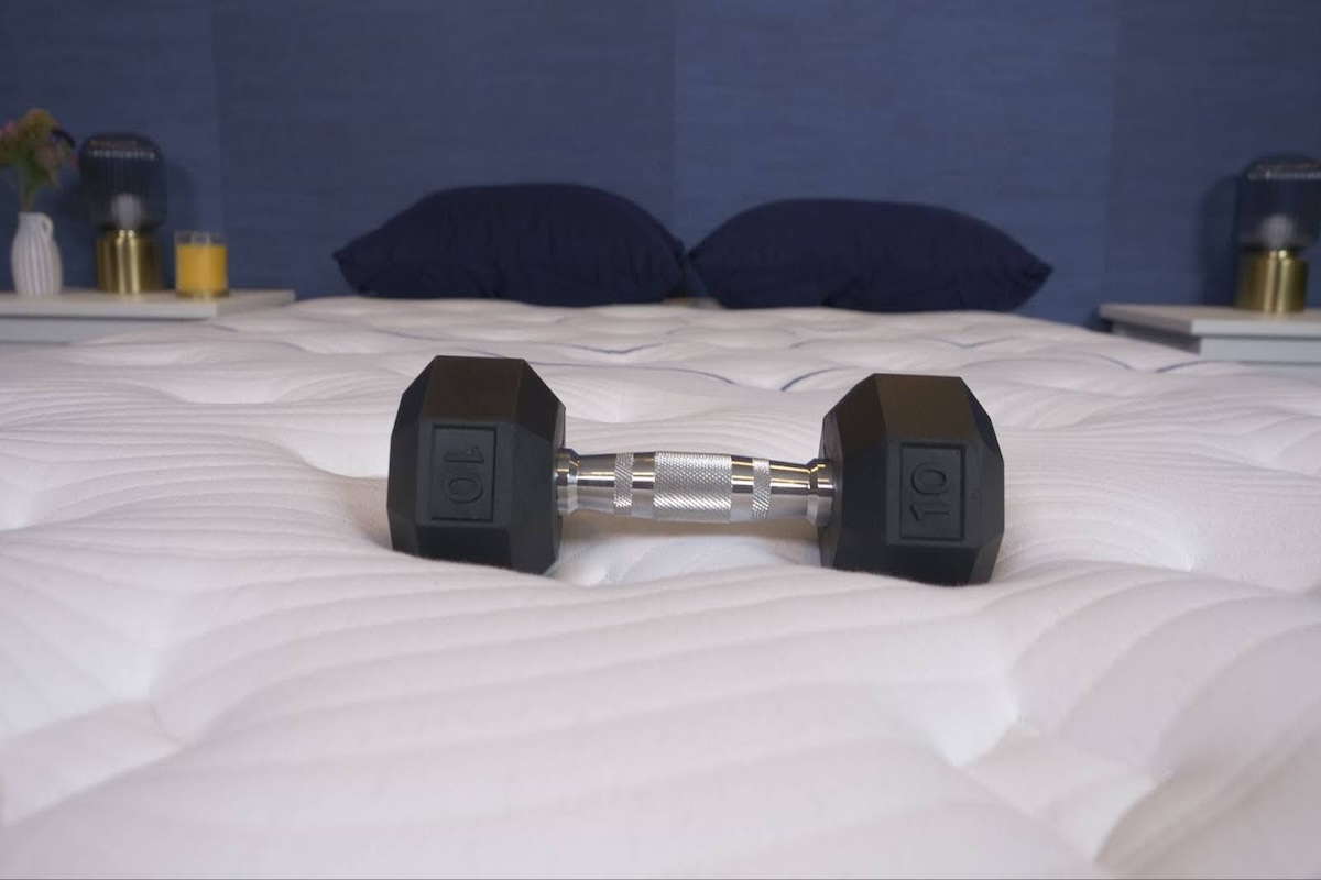 10-pound dumbbell on top of the Bear Elite Hybrid 