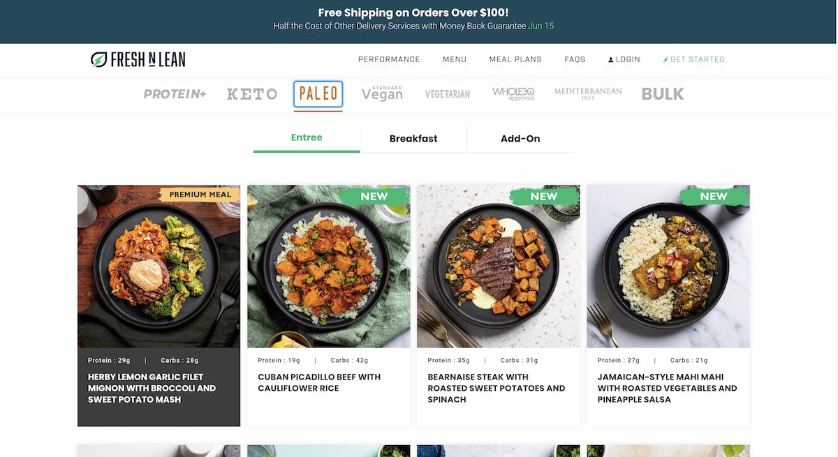 Screenshot of the Fresh N Lean meal delivery menu selection.
