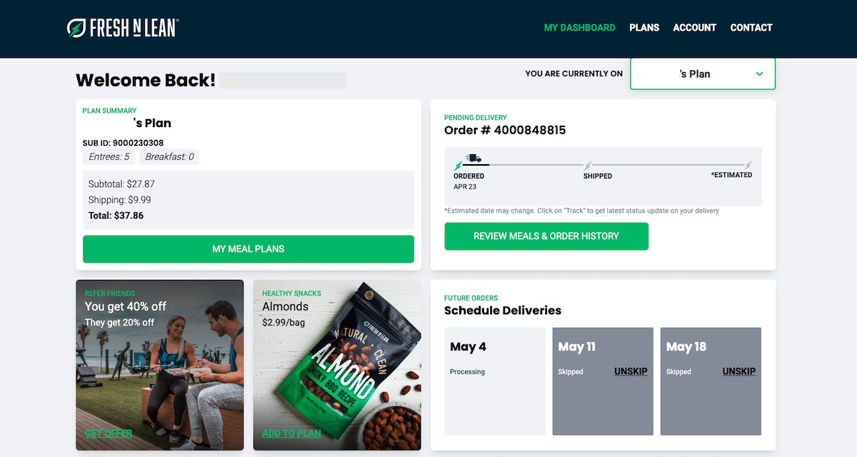 A screenshot of a tester’s Fresh N Lean account dashboard on the website, showing the schedule for upcoming deliveries. 
