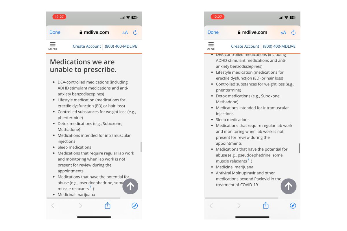 A screenshot of MDLIVE’s list of the medications its providers cannot prescribe. 