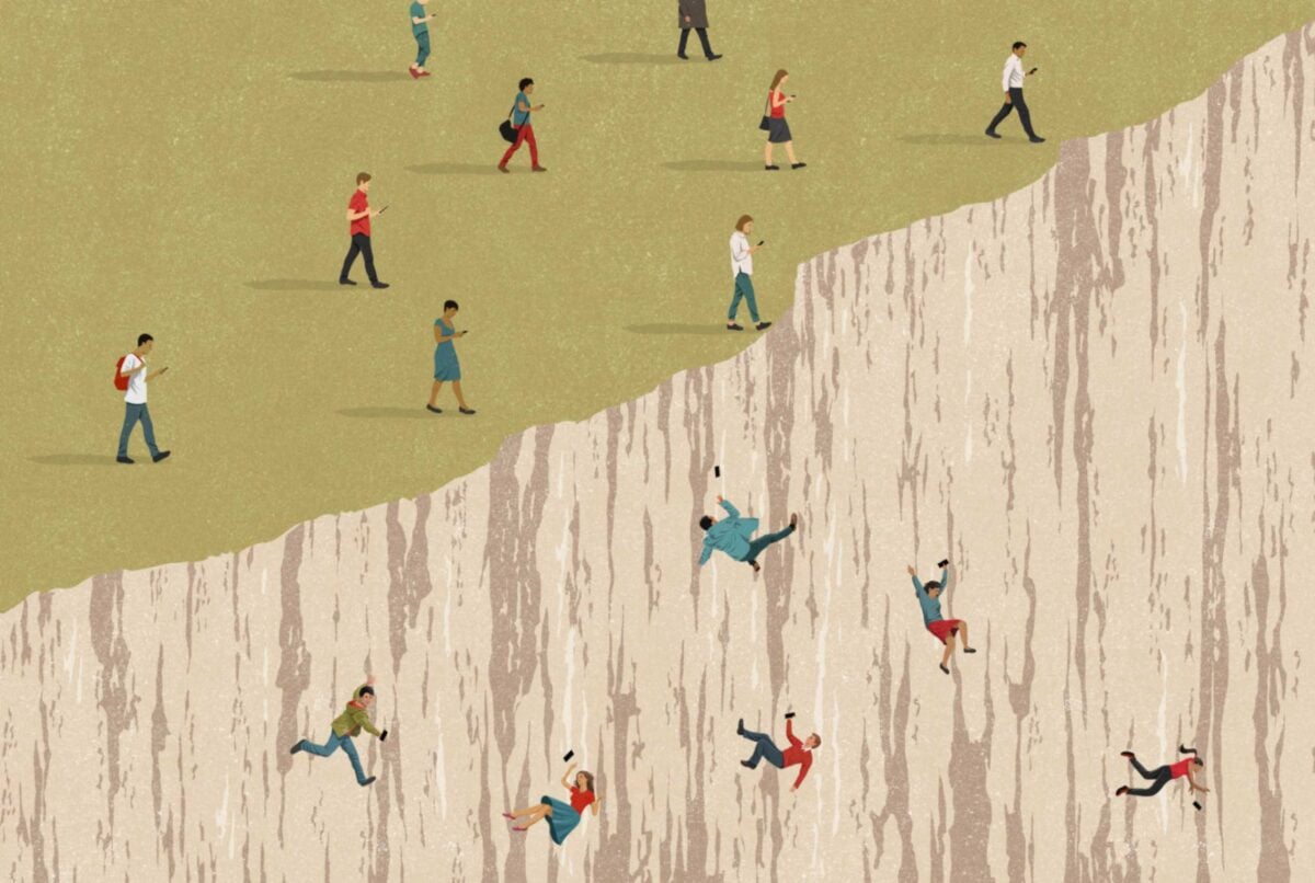 Individuals staring at their phones drop off a steep cliff, illustrating the perils of smartphone addiction.