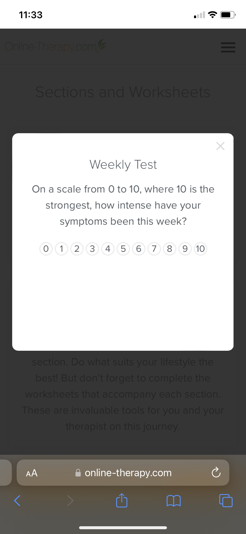 A web page with a weekly test for users to choose how intense their symptoms have been on a scale of 1-10.