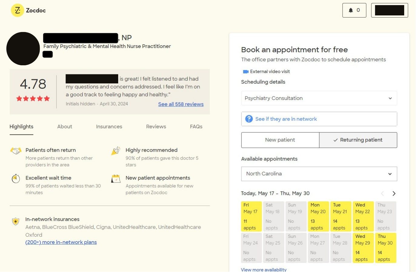 A screenshot of the Zocdoc provider profile page with provider reviews and appointment availability. 