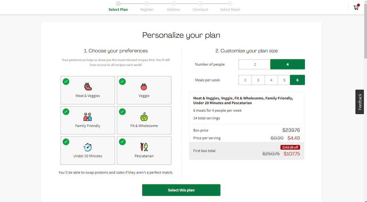 Screenshot of personalized meal plan selections on the HelloFresh website.
