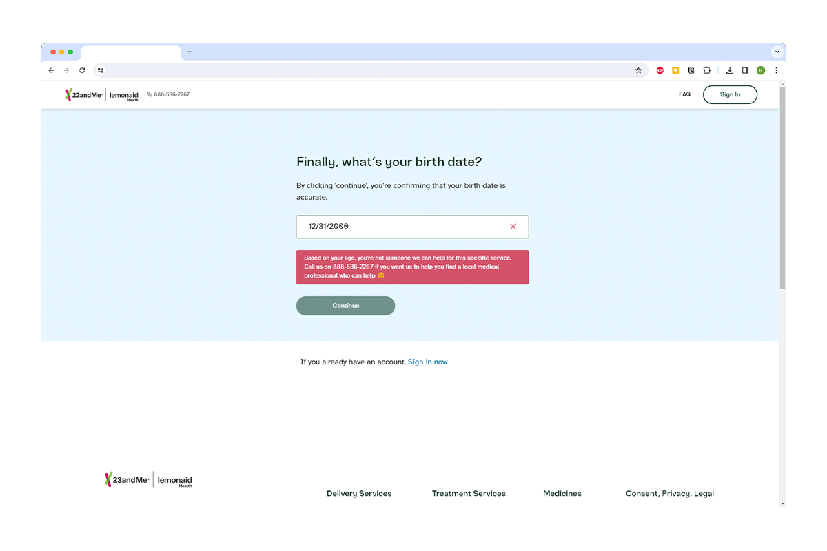 Screenshot of age ineligibility warning