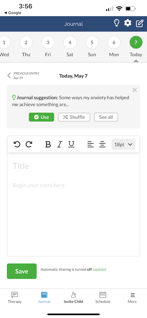  Digital journal entry prompt in TeenCounseling app.