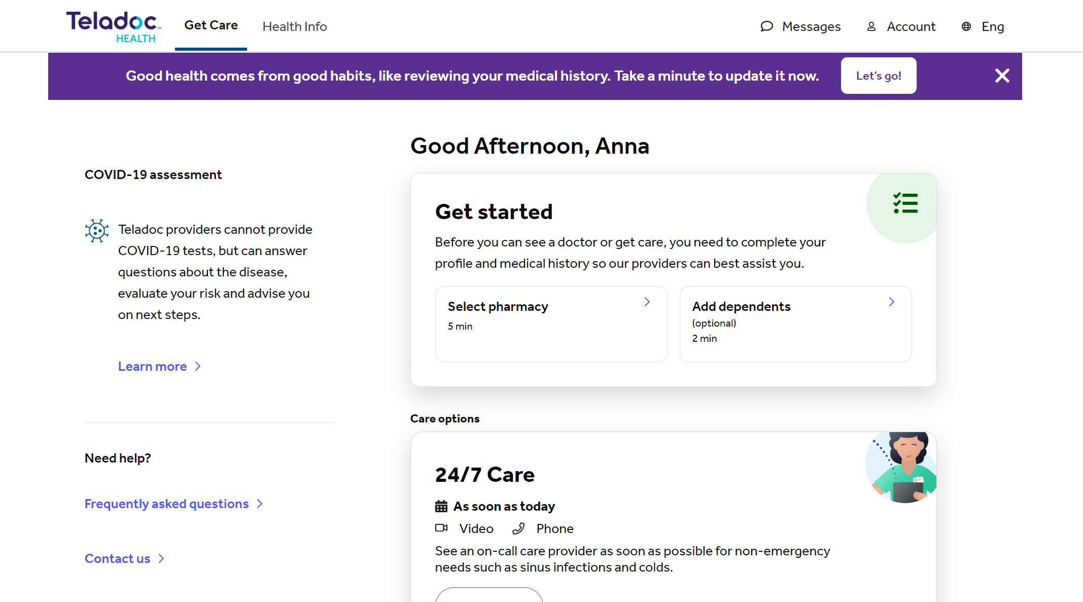 Teladoc screen asking what type of care the user needs.