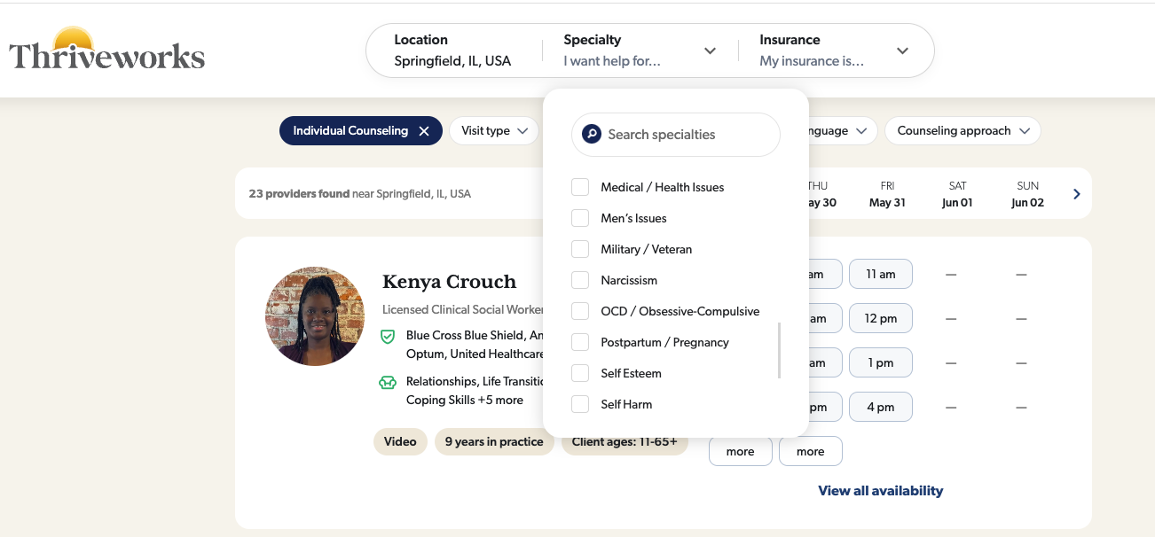 Thriveworks “specialty search” option. 